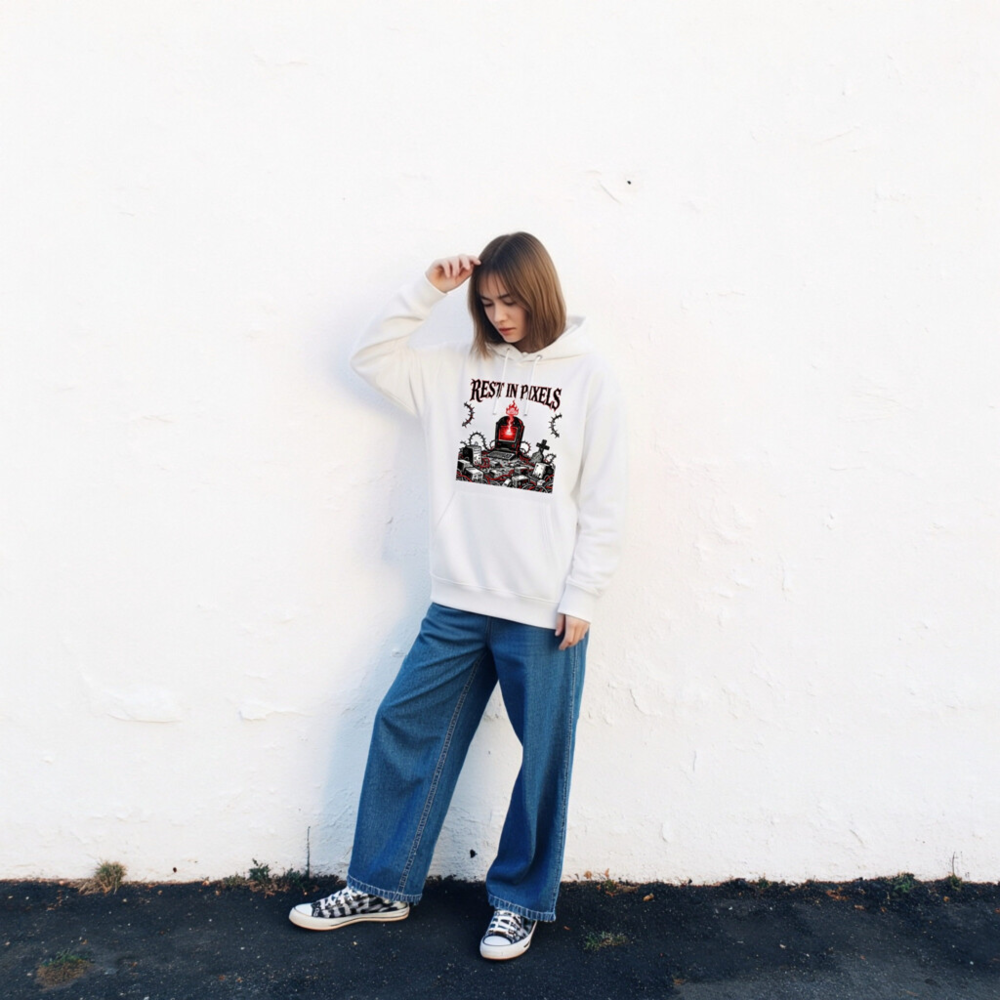 Rest in Pixels Unisex Eco Hoodie - White Essential Sweatshirt with Digital Graveyard Art - Image 2