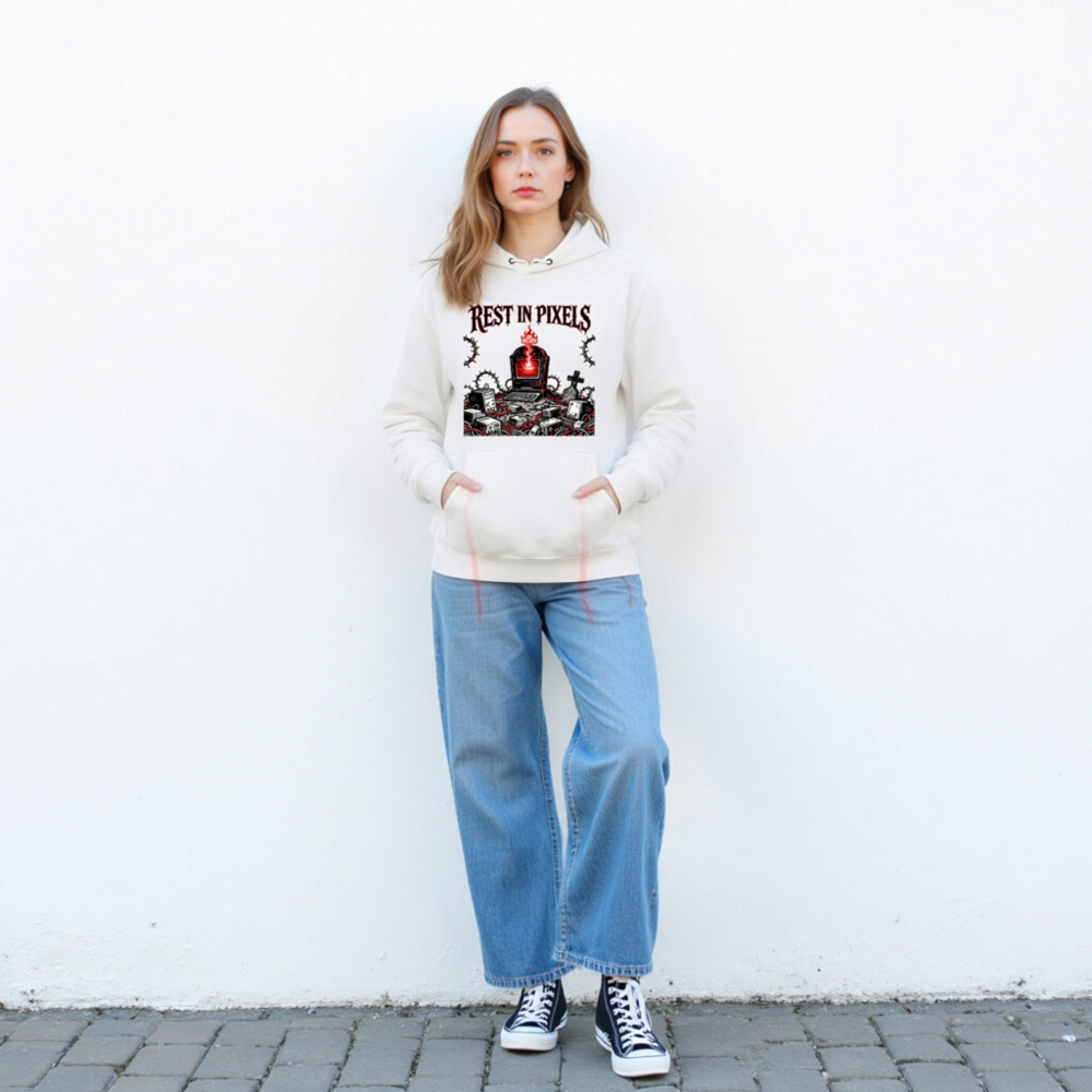 Rest in Pixels Unisex Eco Hoodie - White Essential Sweatshirt with Digital Graveyard Art - Image 3