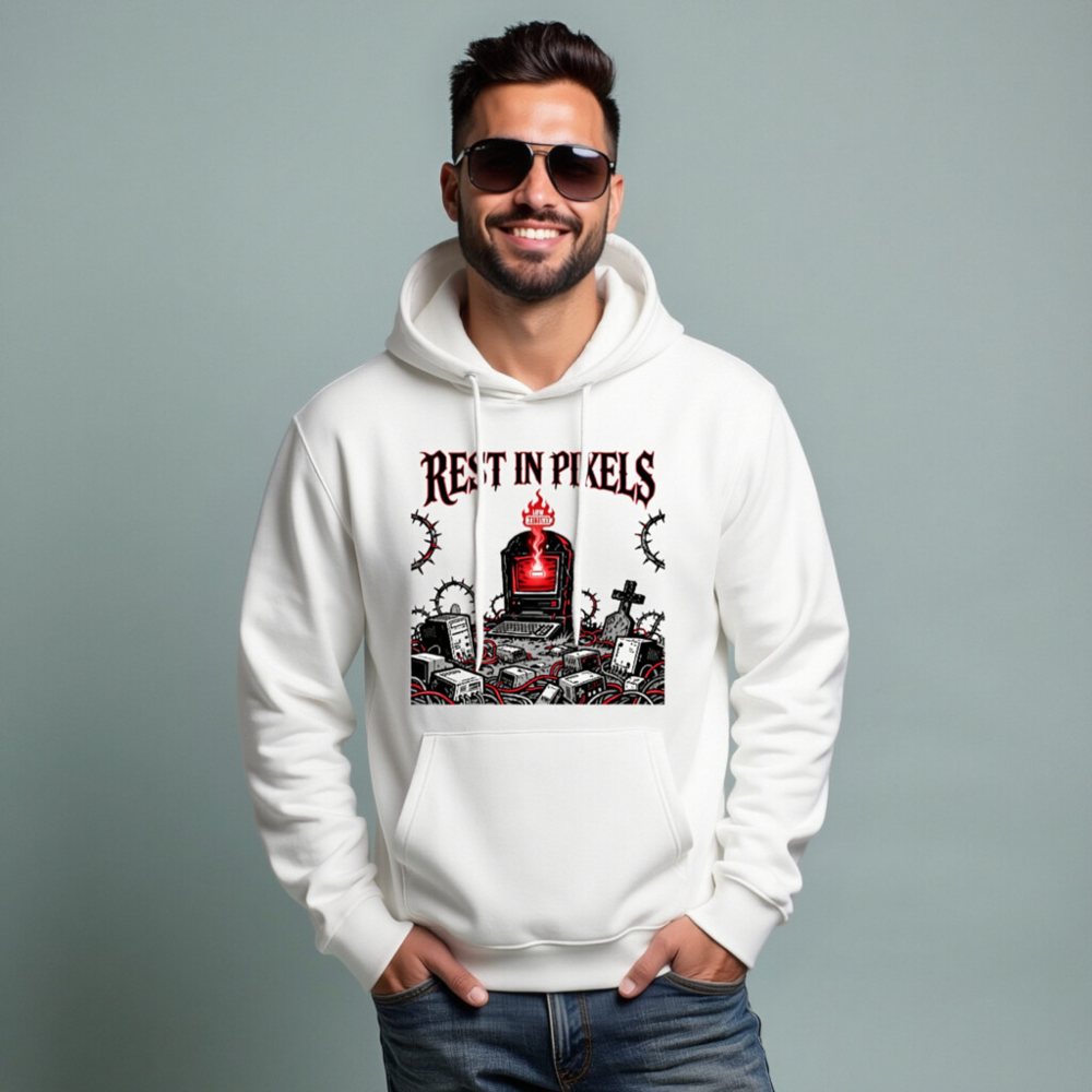 Rest in Pixels Unisex Eco Hoodie - White Essential Sweatshirt with Digital Graveyard Art - Image 6