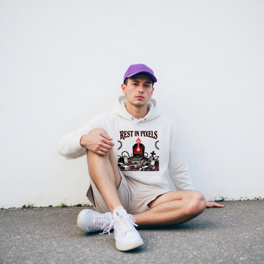 Rest in Pixels Unisex Eco Hoodie - White Essential Sweatshirt with Digital Graveyard Art - Image 7