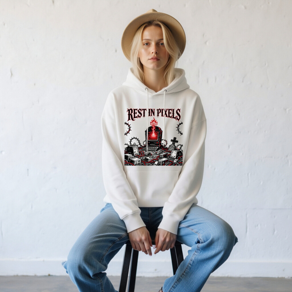 Rest in Pixels Unisex Eco Hoodie - White Essential Sweatshirt with Digital Graveyard Art - Image 8
