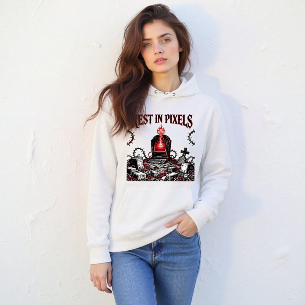 Rest in Pixels Unisex Eco Hoodie - White Essential Sweatshirt with Digital Graveyard Art - Image 9