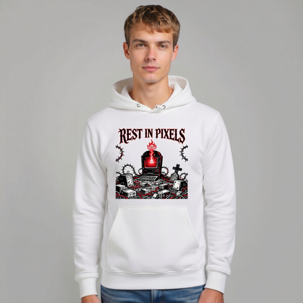 Rest in Pixels Unisex Eco Hoodie - White Essential Sweatshirt with Digital Graveyard Art - Image 10