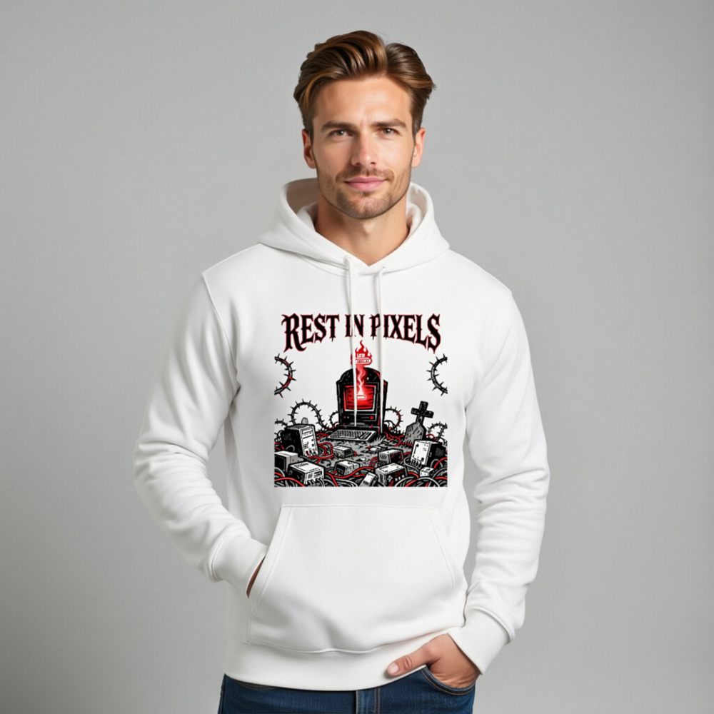 Rest in Pixels Unisex Eco Hoodie - White Essential Sweatshirt with Digital Graveyard Art - Image 11