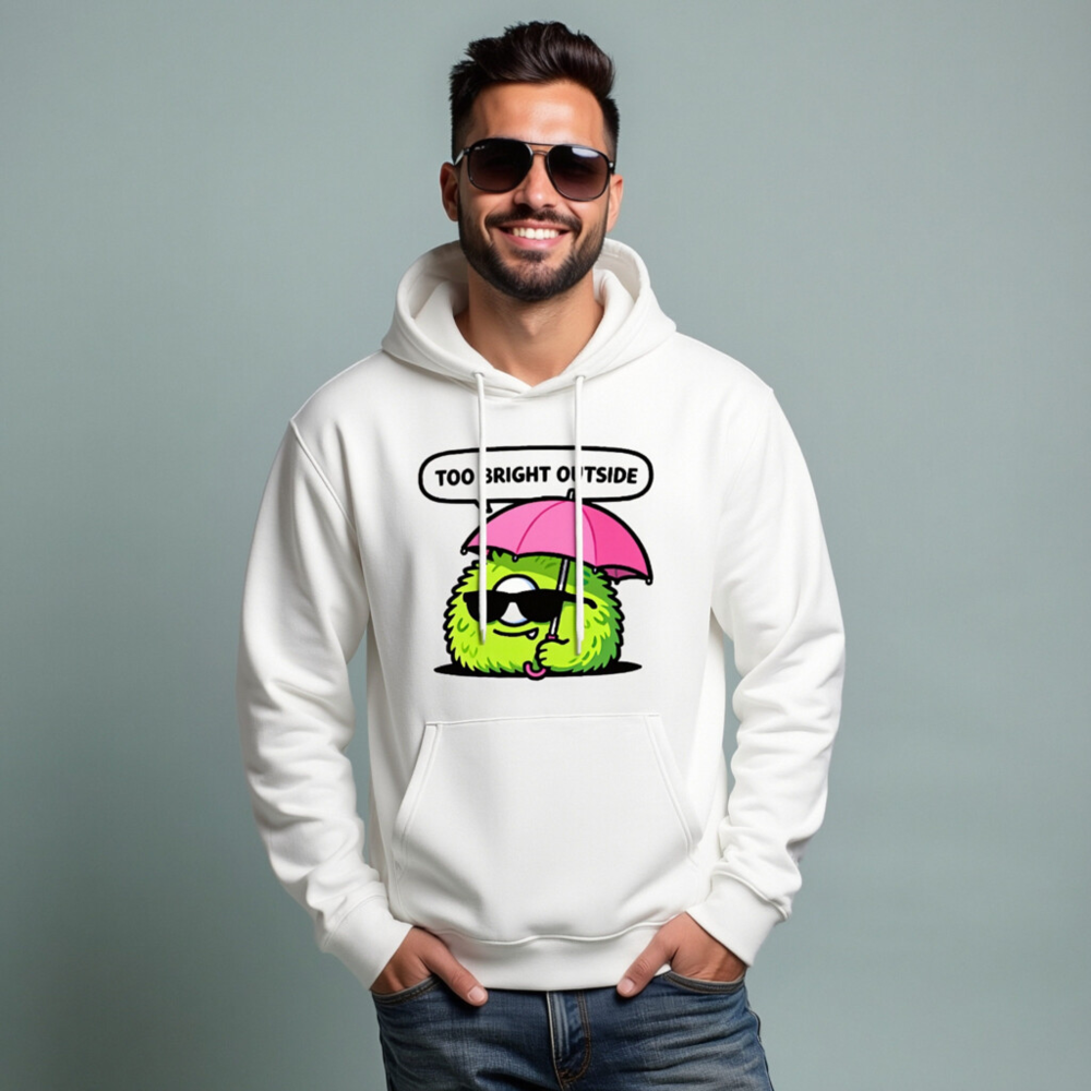 Unisex Eco Hoodie | Green Monster with Umbrella & Sunglasses - Too Bright Outside - Image 6
