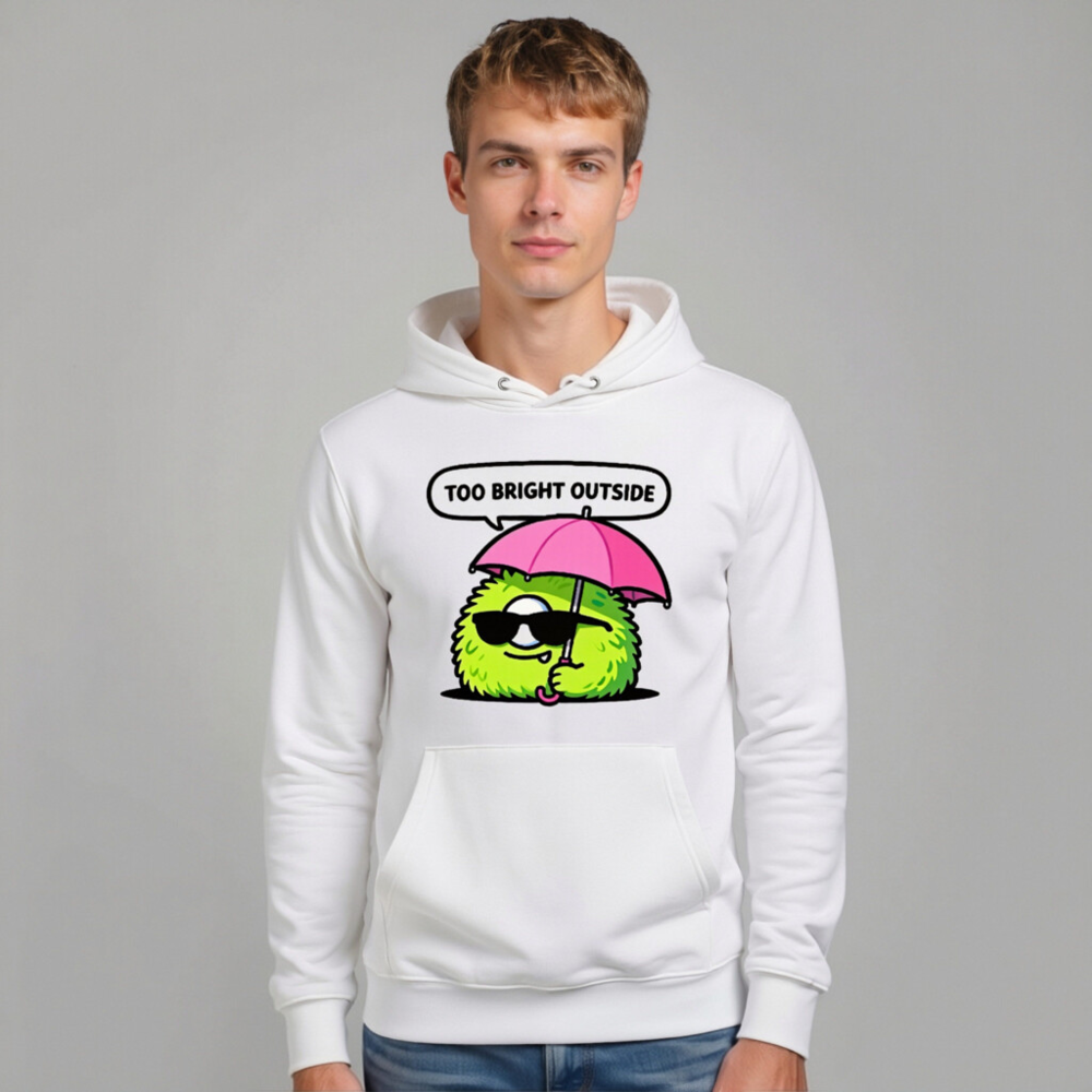 Unisex Eco Hoodie | Green Monster with Umbrella & Sunglasses - Too Bright Outside - Image 10