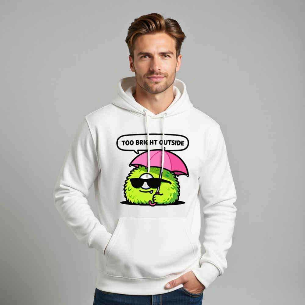 Unisex Eco Hoodie | Green Monster with Umbrella & Sunglasses - Too Bright Outside - Image 11