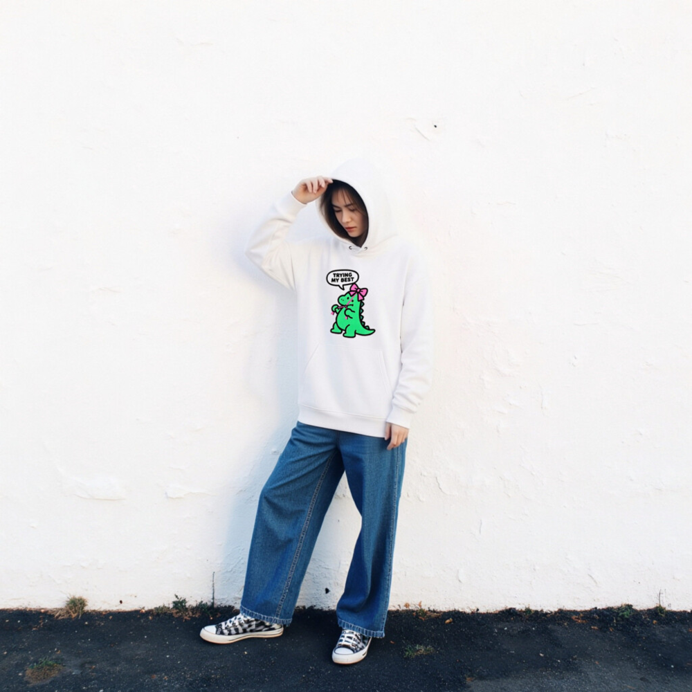 Unisex Eco Hoodie - Green Dino with Pink Bow, 'Trying My Best' | Sustainable & Comfortable - Image 2