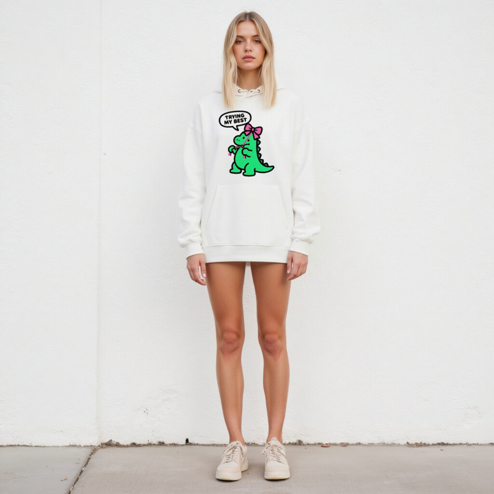 Unisex Eco Hoodie - Green Dino with Pink Bow, 'Trying My Best' | Sustainable & Comfortable - Image 4