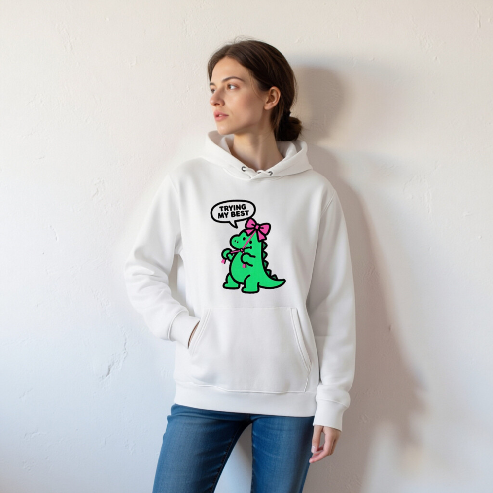 Unisex Eco Hoodie - Green Dino with Pink Bow, 'Trying My Best' | Sustainable & Comfortable - Image 5