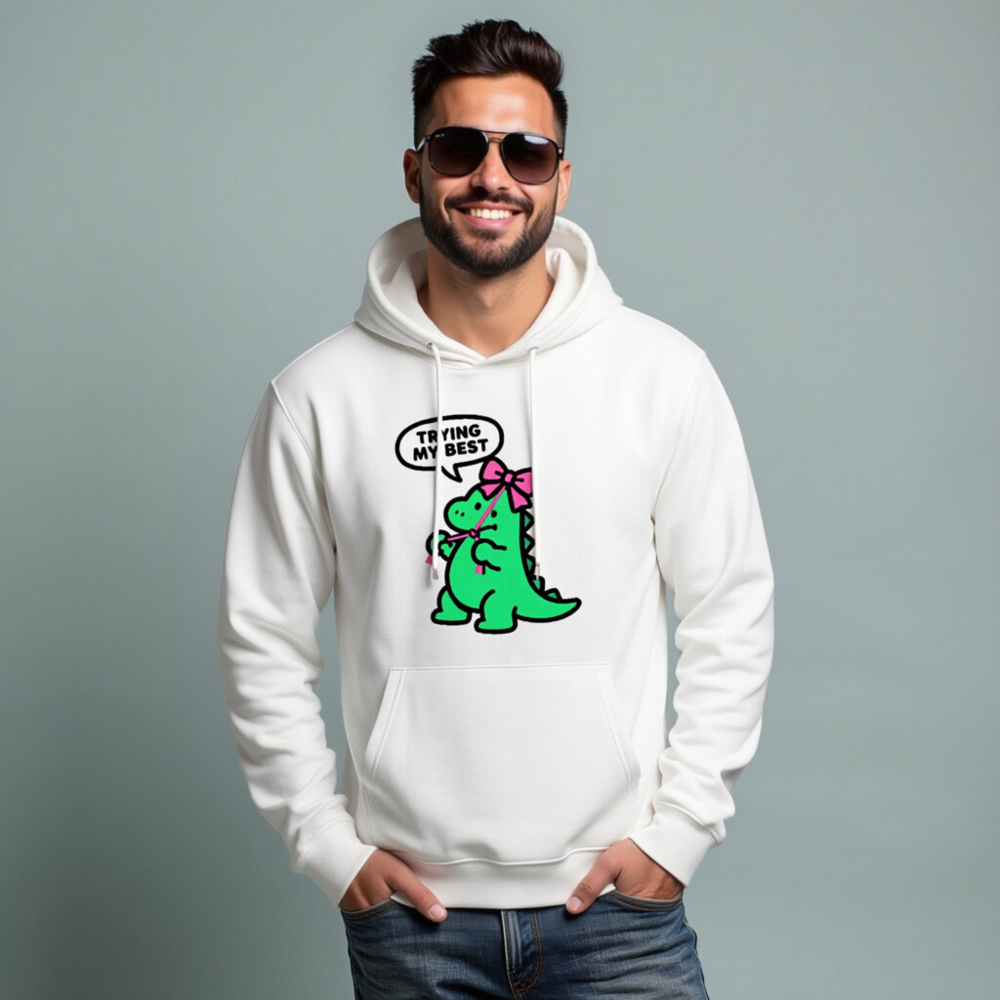 Unisex Eco Hoodie - Green Dino with Pink Bow, 'Trying My Best' | Sustainable & Comfortable - Image 6