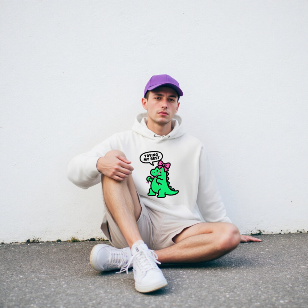 Unisex Eco Hoodie - Green Dino with Pink Bow, 'Trying My Best' | Sustainable & Comfortable - Image 7