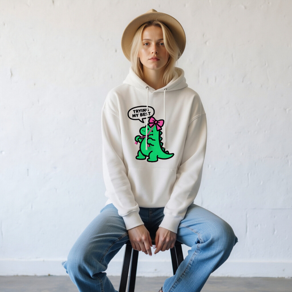Unisex Eco Hoodie - Green Dino with Pink Bow, 'Trying My Best' | Sustainable & Comfortable - Image 8