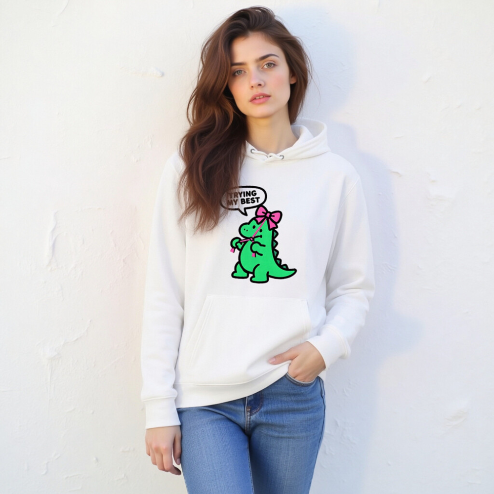 Unisex Eco Hoodie - Green Dino with Pink Bow, 'Trying My Best' | Sustainable & Comfortable - Image 9