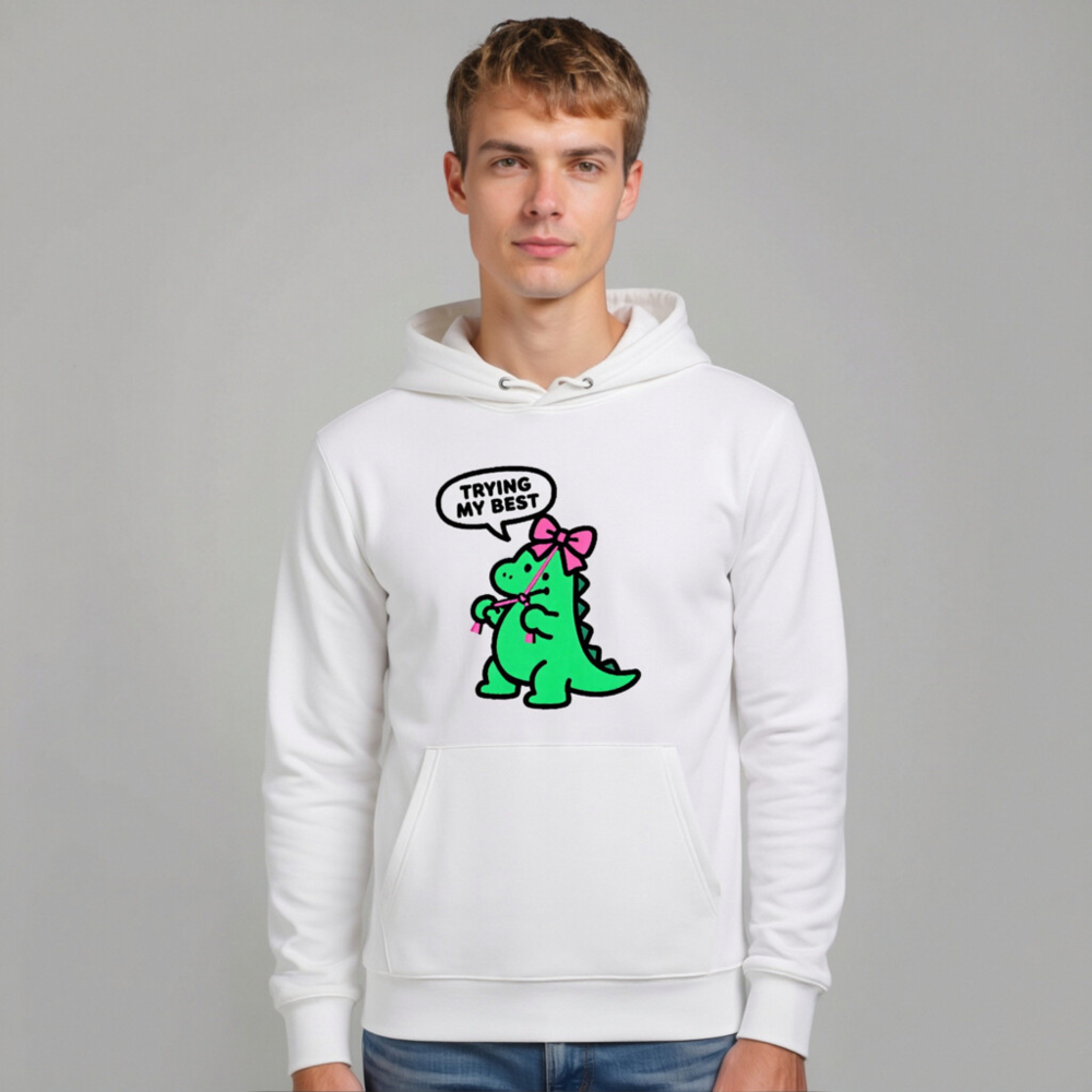 Unisex Eco Hoodie - Green Dino with Pink Bow, 'Trying My Best' | Sustainable & Comfortable - Image 10