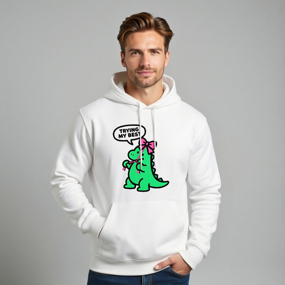 Unisex Eco Hoodie - Green Dino with Pink Bow, 'Trying My Best' | Sustainable & Comfortable - Image 11