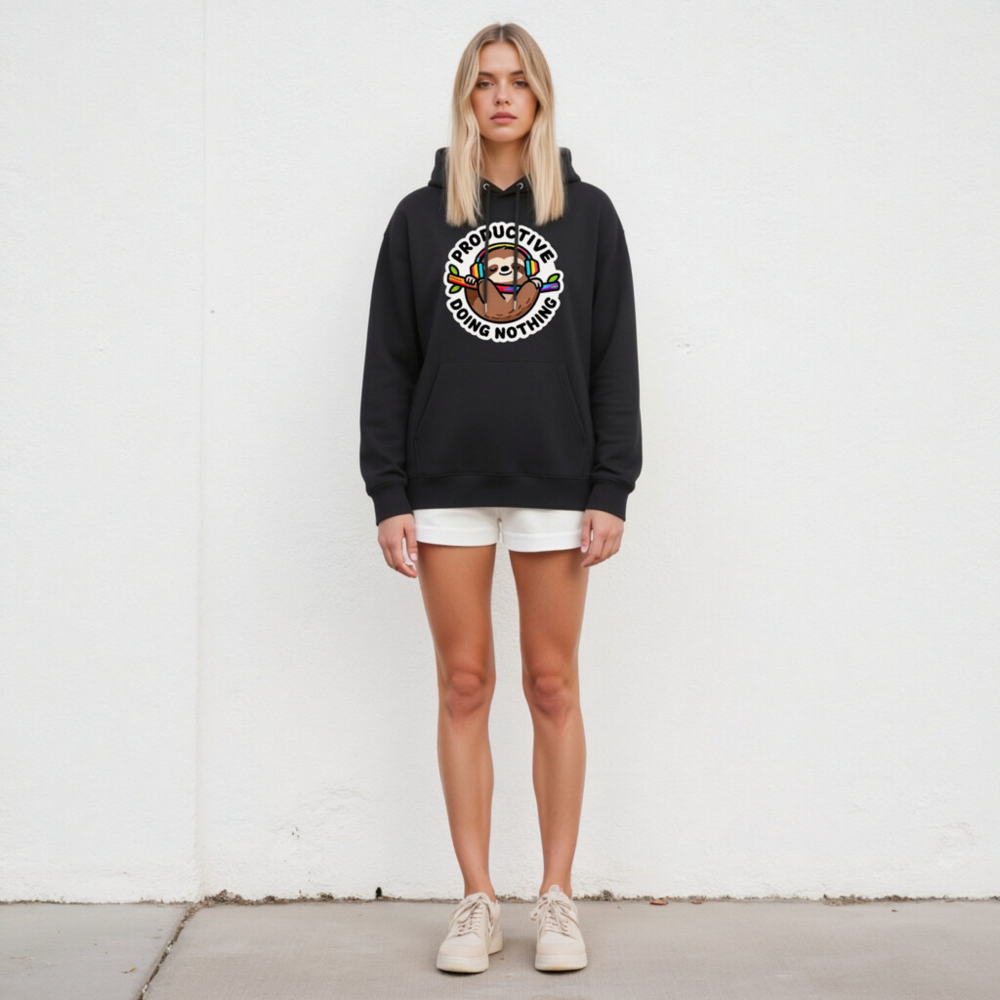 Unisex Eco Hoodie - Sloth Wearing Rainbow Headphones, 'Productively Doing Nothing' Funny Sweatshirt - Image 4