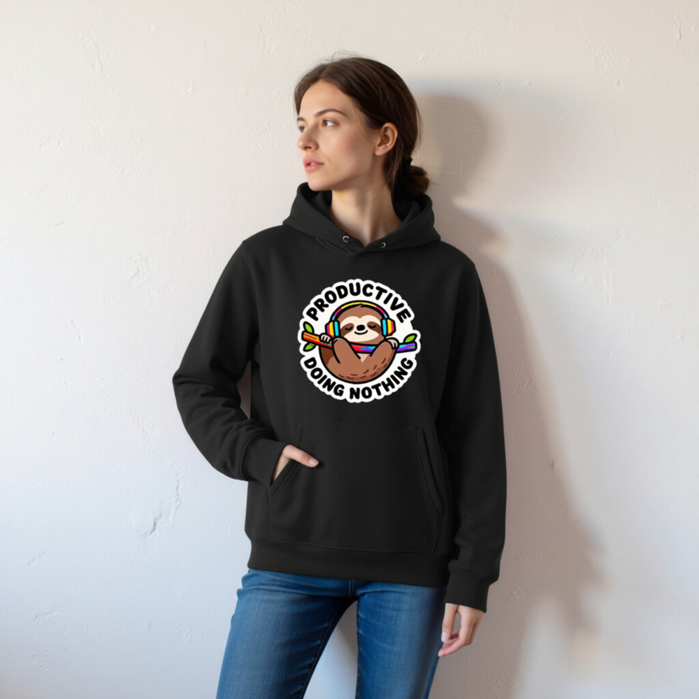 Unisex Eco Hoodie - Sloth Wearing Rainbow Headphones, 'Productively Doing Nothing' Funny Sweatshirt - Image 5