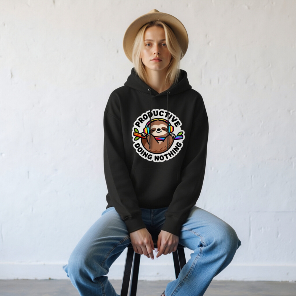 Unisex Eco Hoodie - Sloth Wearing Rainbow Headphones, 'Productively Doing Nothing' Funny Sweatshirt - Image 6