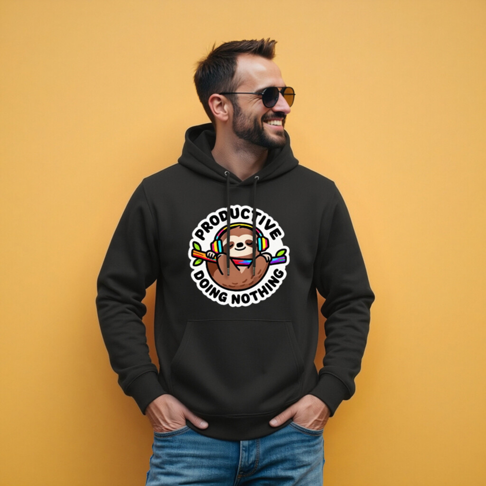 Unisex Eco Hoodie - Sloth Wearing Rainbow Headphones, 'Productively Doing Nothing' Funny Sweatshirt - Image 9