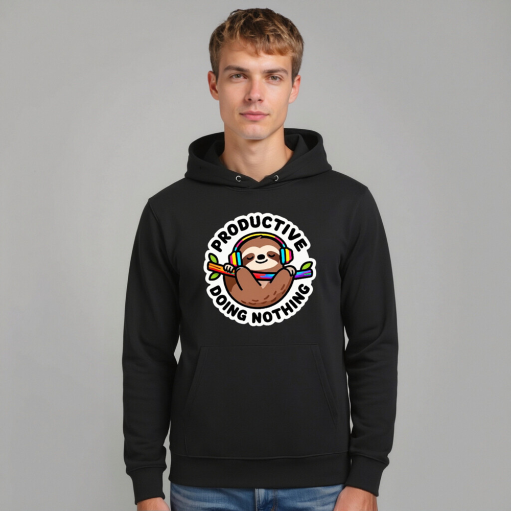 Unisex Eco Hoodie - Sloth Wearing Rainbow Headphones, 'Productively Doing Nothing' Funny Sweatshirt - Image 10