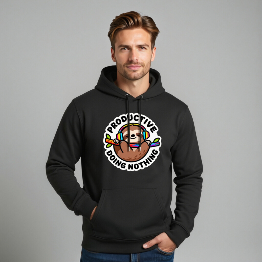 Unisex Eco Hoodie - Sloth Wearing Rainbow Headphones, 'Productively Doing Nothing' Funny Sweatshirt - Image 11
