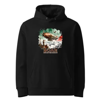 SOAR Beyond the Horizon Unisex Eco Hoodie – Steampunk Airship Design