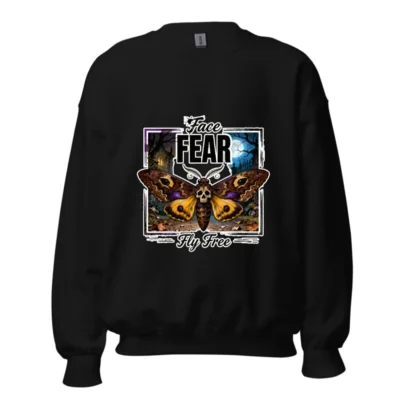 Face Fear Fly Free Unisex Crewneck Sweatshirt - Gothic Moth Design