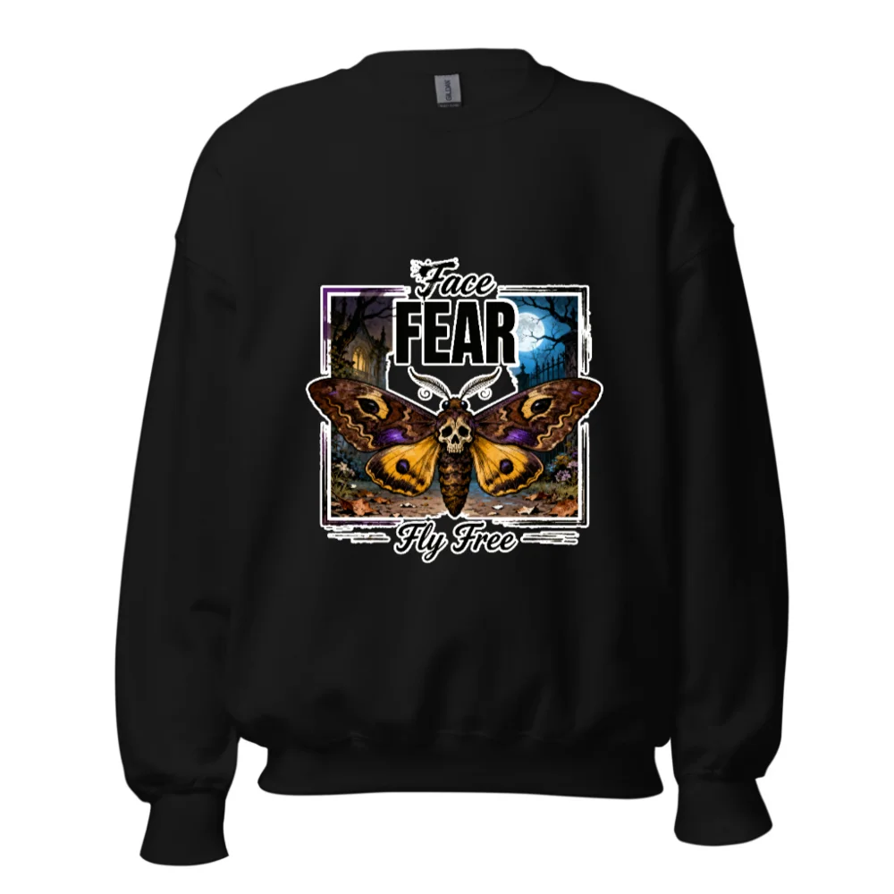 Face Fear Fly Free Unisex Crewneck Sweatshirt - Gothic Moth Design