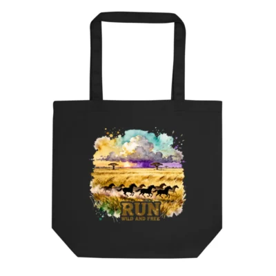 Eco Black Tote Bag – Sustainable Canvas Shopping Bag with Wild Horse Art