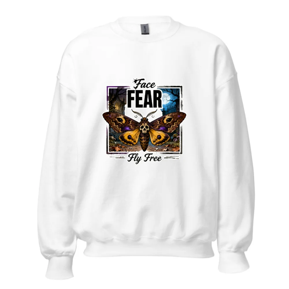 Face Fear Fly Free Unisex Sweatshirt - Gothic Moth Skull Design