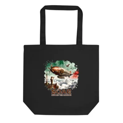 Eco Black Tote Bag – Steampunk Airship Design, Reusable & Sustainable