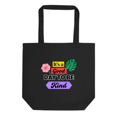 Eco Black Tote Bag – Reusable Cotton Shopping Bag with Kindness Quote