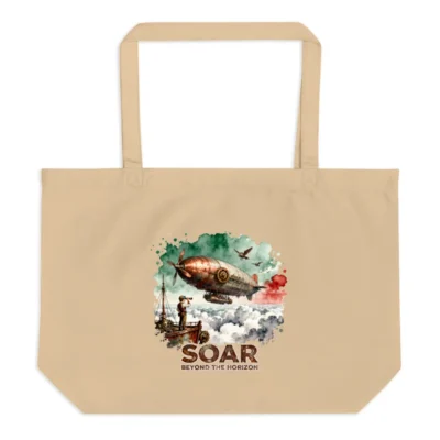 Organic Cotton Tote Bag – Steampunk Airship Design 'Soar Beyond the Horizon'