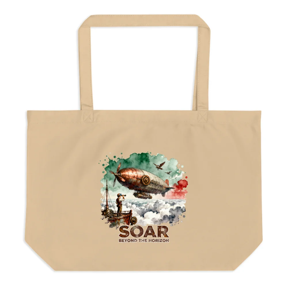 Organic Cotton Tote Bag – Steampunk Airship Design 'Soar Beyond the Horizon'