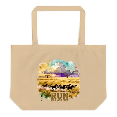 Organic Cotton Tote Bag – Large Reusable Shopping Bag with Wild Horse Art