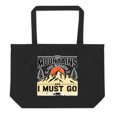 Organic Cotton Tote Bag – 'The Mountains Are Calling' Large Black Reusable Shopping Bag