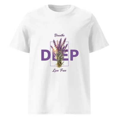Organic Cotton Unisex T-Shirt – Breathe Deep Live Free Lavender Design