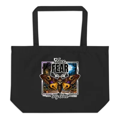 Organic Cotton Tote Bag – 'Face Fear Fly Free' Skull Moth Design