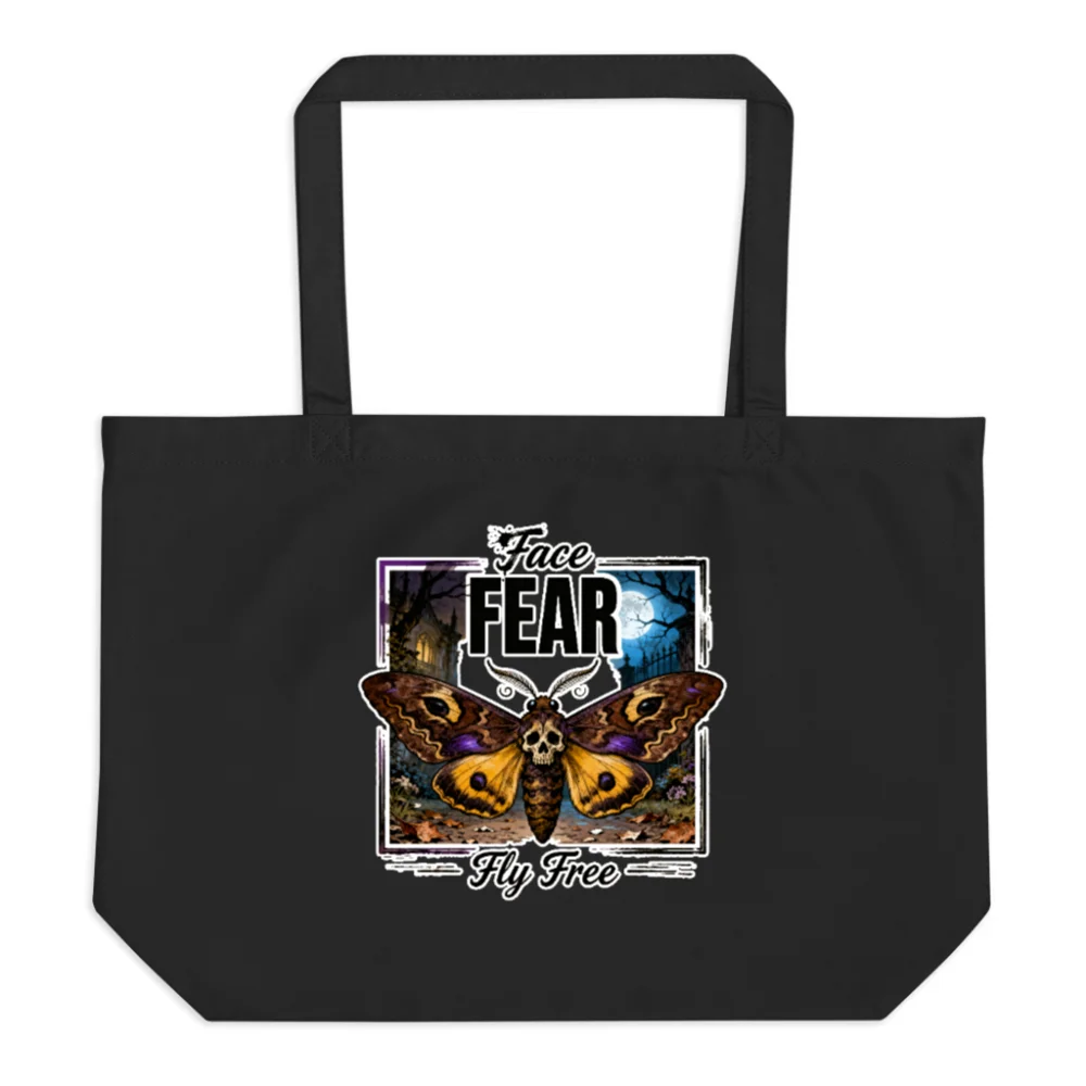 Organic Cotton Tote Bag – 'Face Fear Fly Free' Skull Moth Design