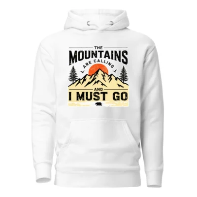 Unisex Premium Pullover Hoodie – 'The Mountains Are Calling' Outdoor Graphic Sweatshirt