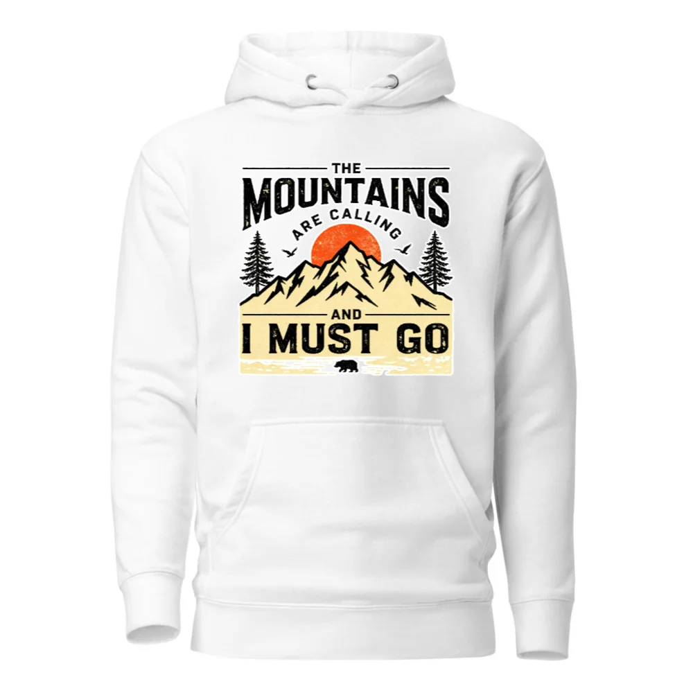 Unisex Premium Pullover Hoodie – 'The Mountains Are Calling' Outdoor Graphic Sweatshirt