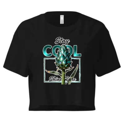 Women's Crop Top - Stay Cool Shine Rare Artichoke Design, Black Short Sleeve