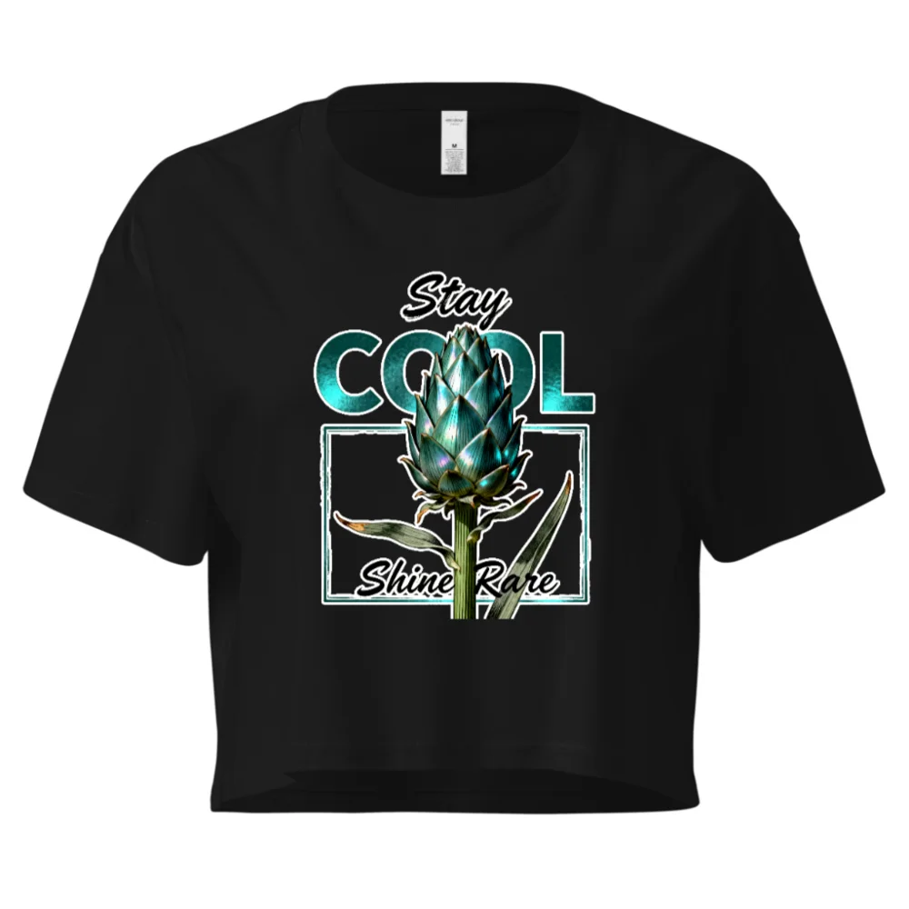 Women's Crop Top - Stay Cool Shine Rare Artichoke Design, Black Short Sleeve
