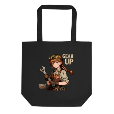 Steampunk Gear Up Tote Bag – Eco-Friendly Black Canvas Shopper