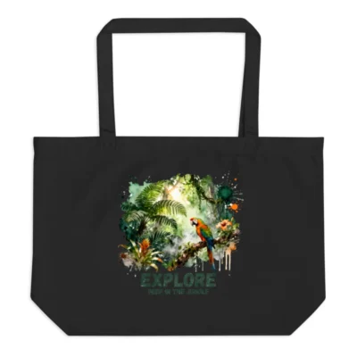 Organic Cotton Tote Bag – Large Black Jungle Parrot Print
