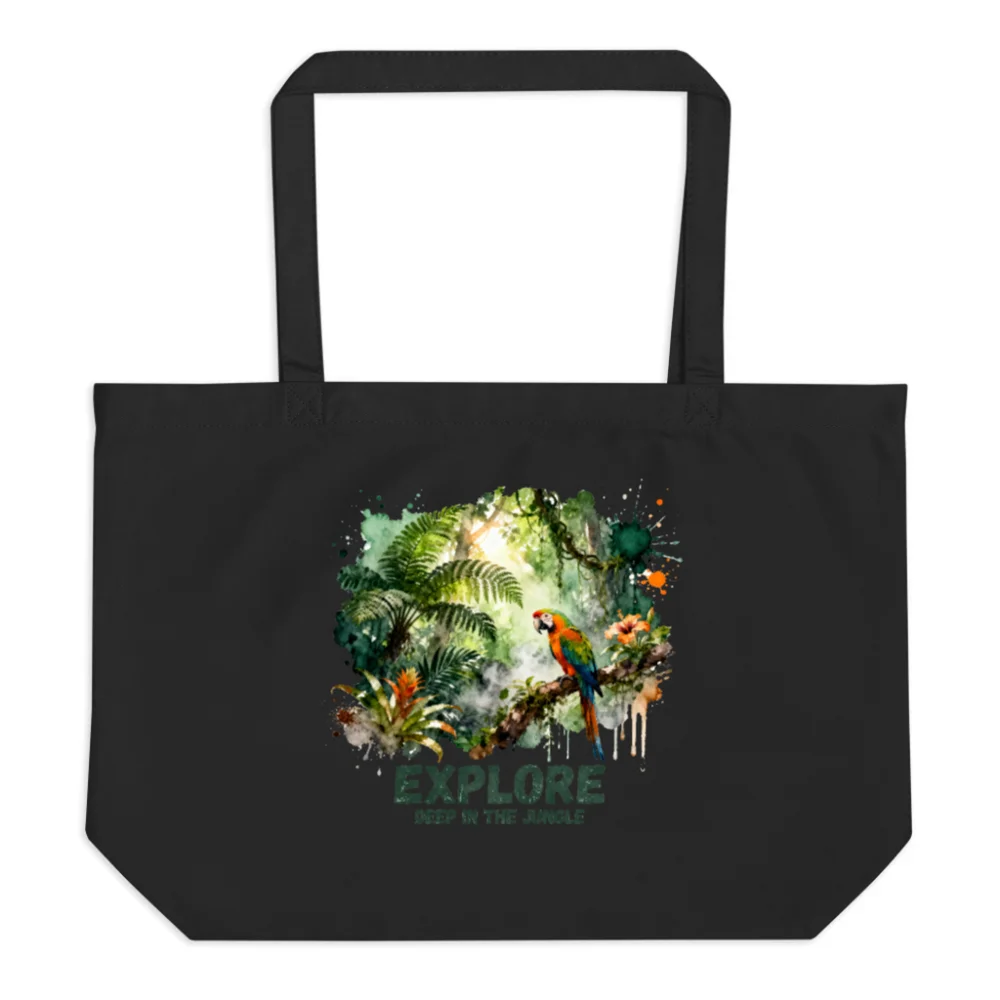 Organic Cotton Tote Bag – Large Black Jungle Parrot Print