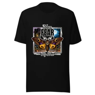 Face Fear Fly Free Unisex T-Shirt - Gothic Moth Skull Graphic Tee