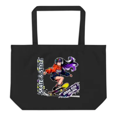Skate & Style Organic Tote Bag – Large Black Eco-Friendly Shopping Bag