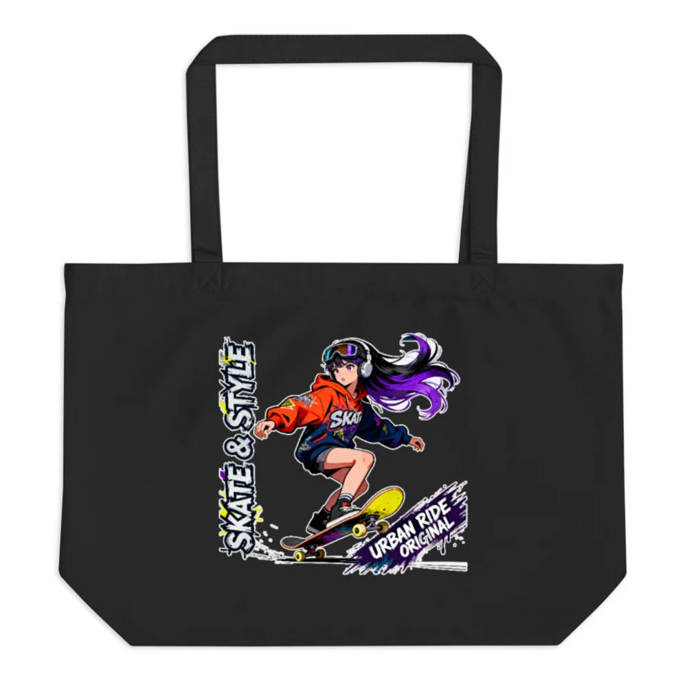 Skate & Style Organic Tote Bag – Large Black Eco-Friendly Shopping Bag